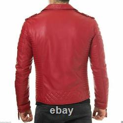 New Men's Genuine Lambskin Leather Jacket Red Slim fit Biker jacket BJ009