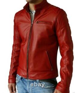 New Men's Genuine Lambskin Leather Jacket Red Slim fit Biker jacket BJ010
