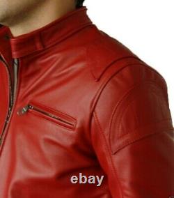 New Men's Genuine Lambskin Leather Jacket Red Slim fit Biker jacket BJ010