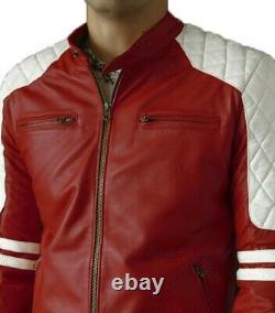 New Men's Genuine Lambskin Leather Jacket Red Slim fit Biker jacket BJ011