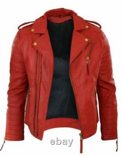 New Men's Genuine Lambskin Leather Jacket Red Slim fit Biker jacket BJ013