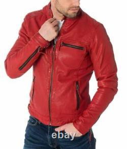New Men's Genuine Lambskin Leather Jacket Red Slim fit Biker jacket BJ014