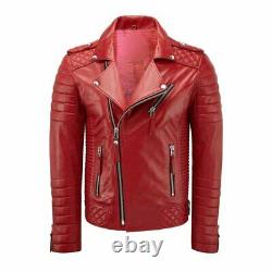 New Men's Genuine Lambskin Leather Jacket Red Slim fit Biker jacket BJ015