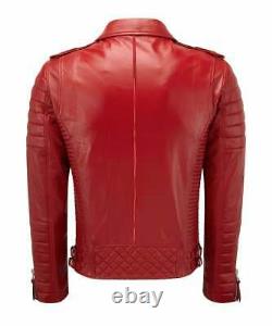 New Men's Genuine Lambskin Leather Jacket Red Slim fit Biker jacket BJ015