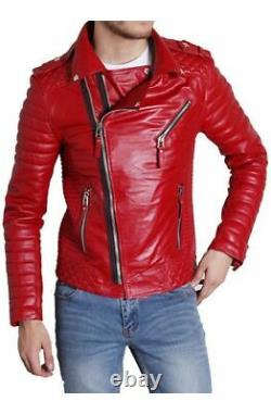 New Men's Genuine Lambskin Leather Jacket Red Slim fit Biker jacket BJ016