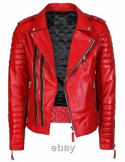 New Men's Genuine Lambskin Leather Jacket Red Slim fit Biker jacket BJ017