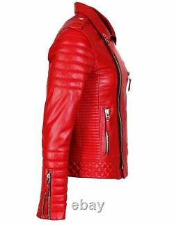 New Men's Genuine Lambskin Leather Jacket Red Slim fit Biker jacket BJ017