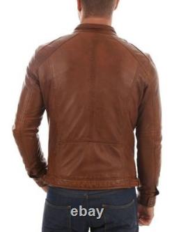 New Men's Genuine Lambskin Leather Jacket Slim Fit Biker Brown Motorcycle Jacket