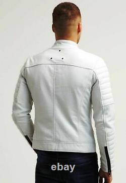 New Men's Genuine Lambskin Leather Jacket White Slim fit Biker Motorcycle jacket