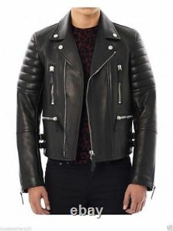 New Men's Genuine Lambskin Leather Motorcycle Jacket Slim fit Biker Jacket