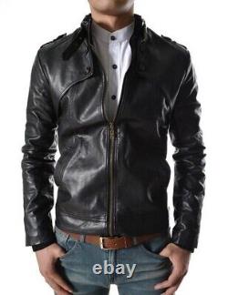 New Men's Genuine Leather Jacket Biker Style Motorcycle Slim Fit Jacket AZ005