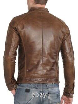 New Men's Genuine Leather Jacket Biker Style Motorcycle Slim Fit Jacket AZ041