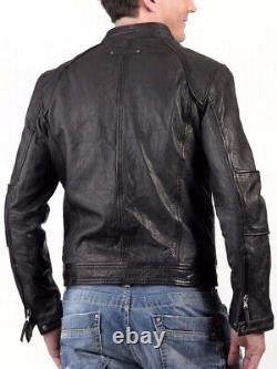New Men's Genuine Leather Jacket Biker Style Motorcycle Slim Fit Jacket AZ045