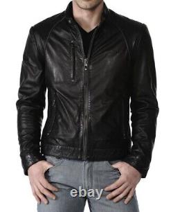 New Men's Genuine Leather Jacket Biker Style Motorcycle Slim Fit Jacket AZ063