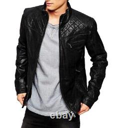 New Men's Genuine Leather Jacket Biker Style Motorcycle Slim Fit Jacket AZ073