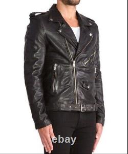 New Men's Genuine Leather Jacket Biker Style Motorcycle Slim Fit Jacket AZ076