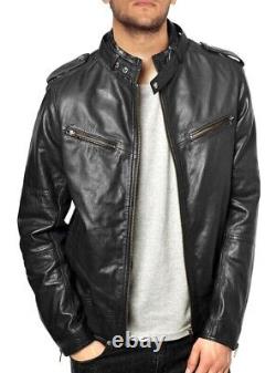 New Men's Genuine Leather Jacket Biker Style Motorcycle Slim Fit Jacket AZ123