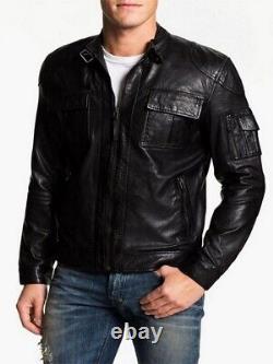New Men's Genuine Leather Jacket Biker Style Motorcycle Slim Fit Jacket AZ392