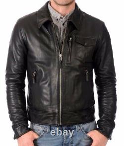 New Men's Genuine Leather Jacket Biker Style Motorcycle Slim Fit Jacket AZ404
