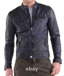 New Men's Genuine Leather Jacket Biker Style Motorcycle Slim Fit Jacket AZ656