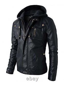 New Men's Motorcycle Brando Style Biker Real Leather Hoodie Jacket Detach Hood