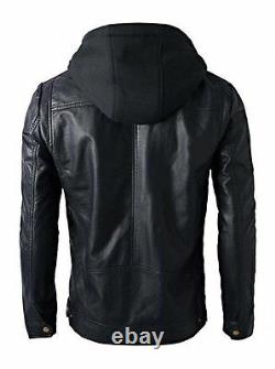 New Men's Motorcycle Brando Style Biker Slim fit Hooded Leather Jacket