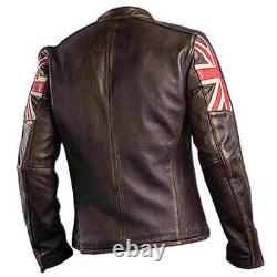 New Mens Biker Vintage Distressed Brown UK Flag Cafe Racer Leather Jacket