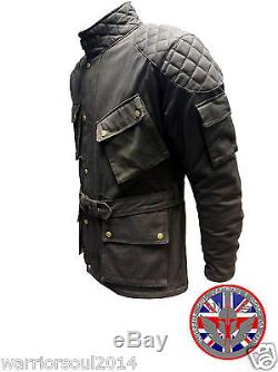 New Mens Black COTTON WAXED Motorcycle Breathable, WP Lined, ARMOUR BIKER JACKET
