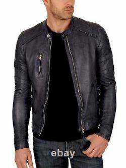 New Mens Genuine Lambskin Leather Jacket Black Slim Fit Biker Motorcycle