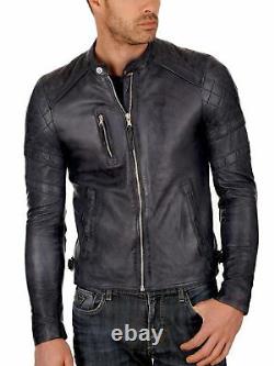 New Mens Genuine Lambskin Leather Jacket Black Slim Fit Biker Motorcycle