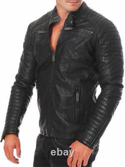 New Mens Genuine Lambskin Leather Jacket Black Slim fit Biker Motorcycle
