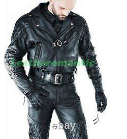 New Mens Genuine Leather Jacket Black Padded Motorcycle Real Biker Quilted