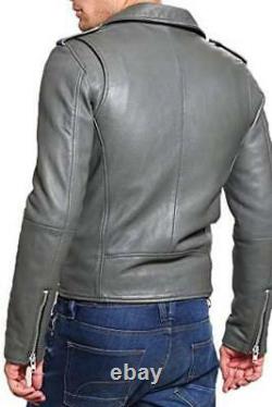 New Mens Premium Gray color Biker Jacket crafted from Genuine Sheepskin leather