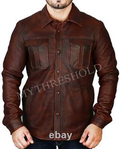New Mens Shirt Jacket Brown Real Soft Genuine Waxed Leather Jacket
