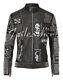 New Philipp Plein Black Full Studded Embroidery Patches Leather Jacket Biker Men