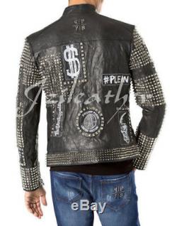 New PHILIPP PLEIN Black Full Studded Embroidery Patches Leather jacket Biker Men