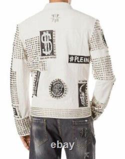 New Philipp Plein White Full Silver Studded Embroidery Patches Leather jacket