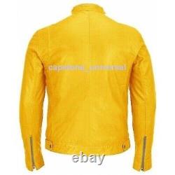 New Real Genuine Lambskin Motorcycle Yellow Party Biker Leather Jacket Men