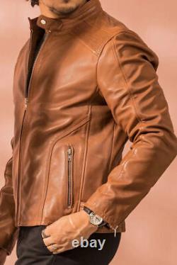 New Tan Men's Jacket Genuine Lambskin Leather Handmade Casual Biker Motorcycle