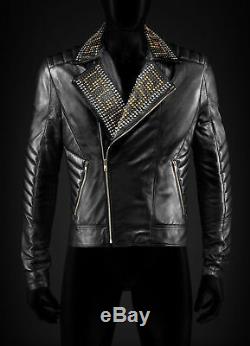 New Versace Golden Silver Studded Mens Black Cowhide Leather Jacket All Sizes