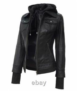 New Women's Black Bomber Jacket With Fleece Removable Hood For All Seasons