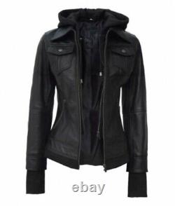 New Women's Black Bomber Jacket With Fleece Removable Hood For All Seasons