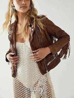 New Women's Brown Lambskin Leather Fringed Jacket Handmade Fashionable Stylish