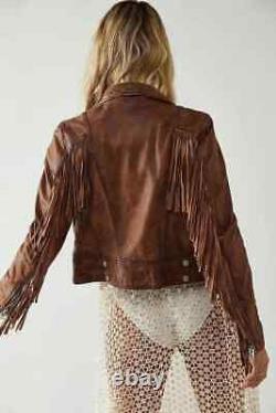 New Women's Brown Lambskin Leather Fringed Jacket Handmade Fashionable Stylish