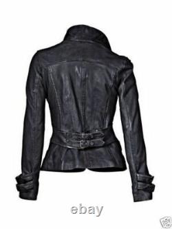 New Women's Genuine Lambskin soft Leather Motorcycle Slim fit Biker Jacket