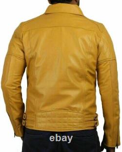 Original Soft Lambskin leather Jacket Yellow Stylish Handmade Biker Motorcycle