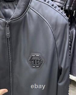 Philipp Plein Matte Black Studded Lambskin Men's Genuine Leather Bomber Jacket