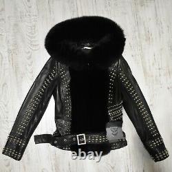 Philipp Plein Real Fox Fur Trim Women's Black Genuine Leather Jacket