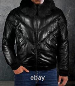 Puffer Jacket Men's Real Lambskin Black Leather Down Jacket With Fur Collar