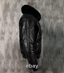 Puffer Jacket Men's Real Lambskin Black Leather Down Jacket With Fur Collar